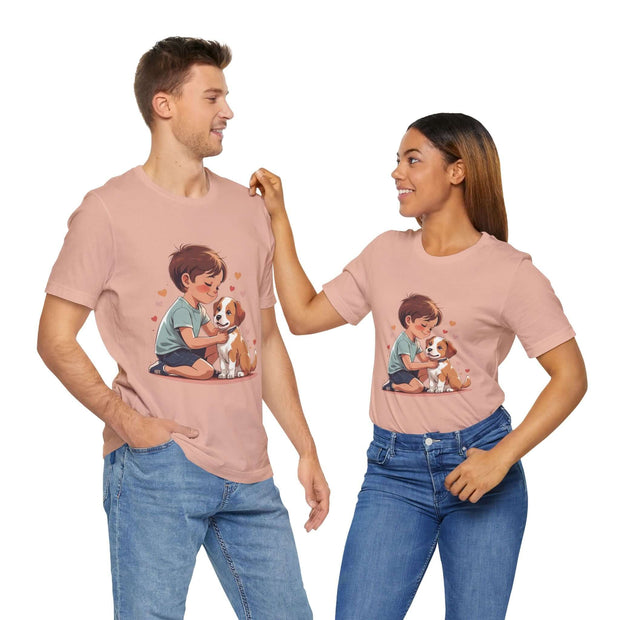 Cute Kid & Puppy Love T-Shirt worn by a couple, perfect for pet lovers and casual wear.