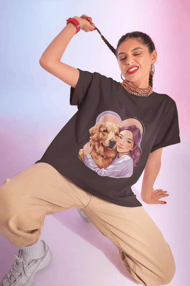 Heartwarming dog lover tee featuring a woman and her golden retriever, perfect for casual outings or cozy nights.