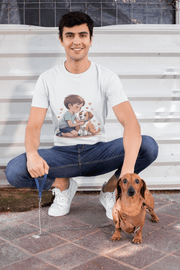 Boy in Kid & Puppy Love T-Shirt sits with a cute dog, showcasing a cozy and adorable design perfect for pet lovers.