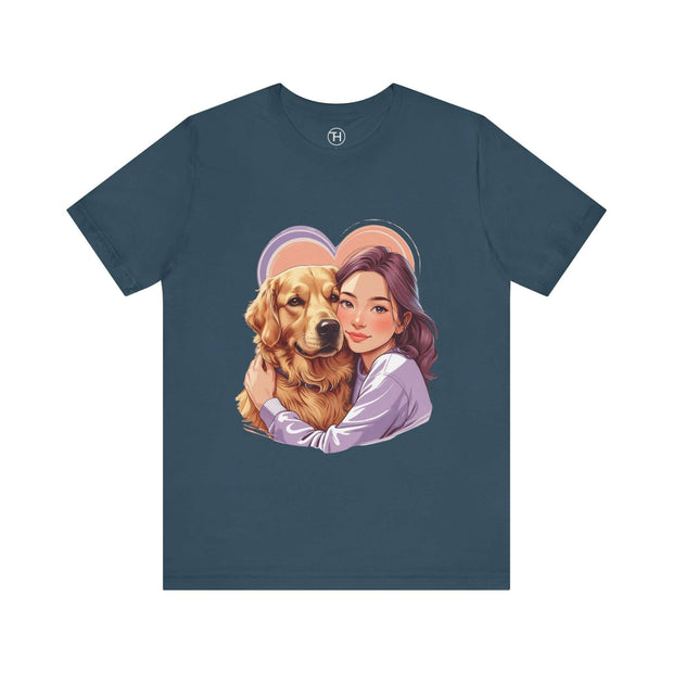 Heartwarming dog lover tee featuring a girl hugging a golden retriever, perfect for casual style and comfort.