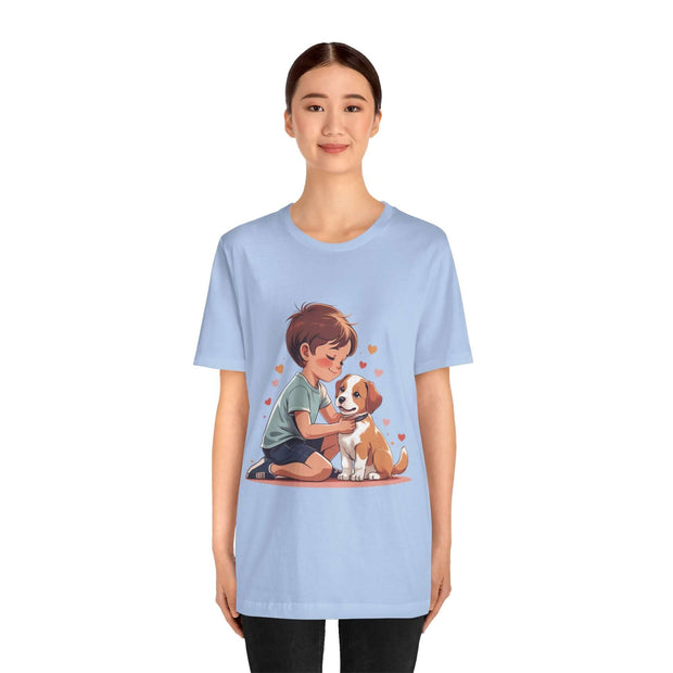 Kid and puppy love t-shirt featuring a boy lovingly interacting with a puppy, perfect for dog lovers and casual wear.