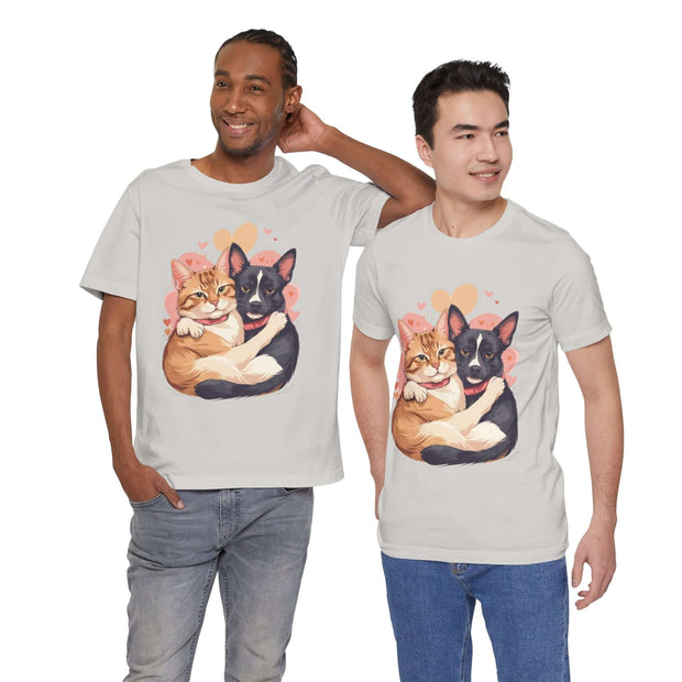 Two men wearing a cute pet lovers tee featuring illustrations of a cat and dog, perfect for animal enthusiasts.