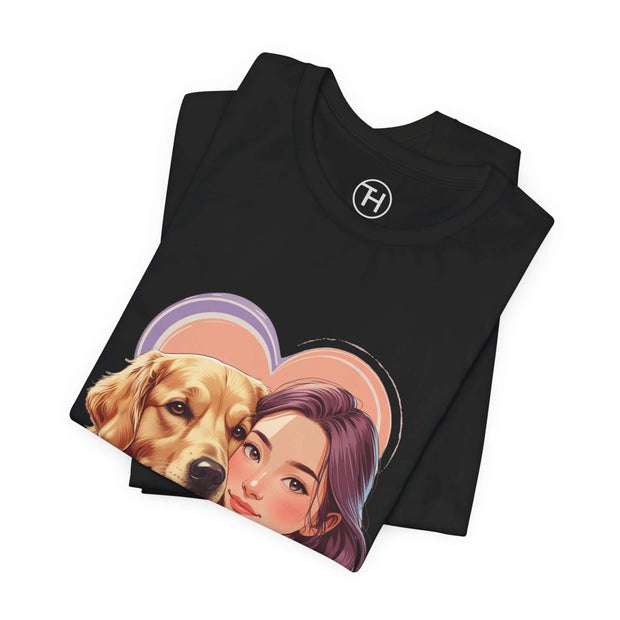 Heartwarming dog lover tee featuring a girl and a golden retriever, perfect for casual and cozy wear.