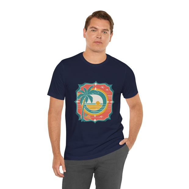 Retro Sunset Palm Tree Tee, Beach Vibes T-Shirt, Casual Summer Shirt, Perfect for Vacations, Gift for Beach Lovers