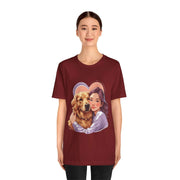 Heartwarming dog lover tee featuring a woman hugging a golden retriever, perfect for casual wear and dog enthusiasts.
