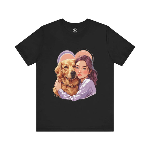 Heartwarming dog lover tee featuring a girl embracing a golden retriever on a black shirt, perfect for pet parents.