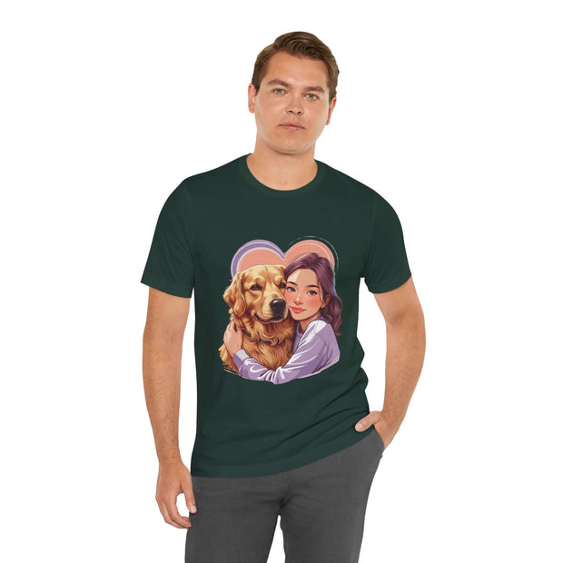 Heartwarming unisex tee featuring a girl hugging a golden retriever, perfect for dog lovers and casual wear.