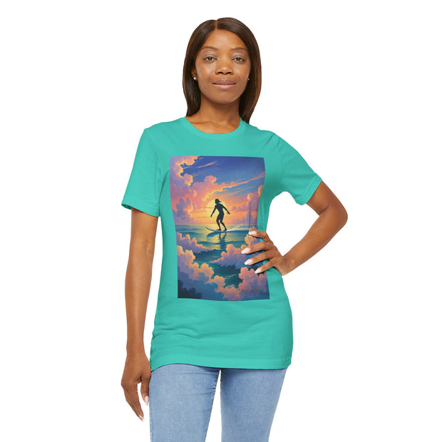 Surfing into the Sunset Tee, Surf Tee, Beach Vibes T-Shirt, Summer Apparel, Gift for Surfers, Adventure Wear