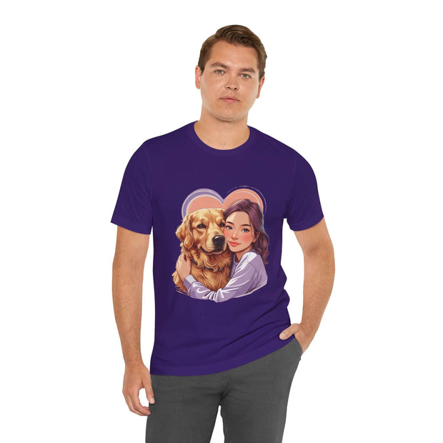 Heartwarming dog lover tee featuring a man and a golden retriever, showcasing love for pets in a stylish unisex design.