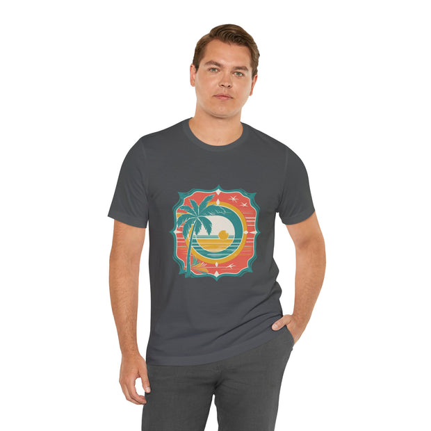 Retro Sunset Palm Tree Tee, Beach Vibes T-Shirt, Casual Summer Shirt, Perfect for Vacations, Gift for Beach Lovers