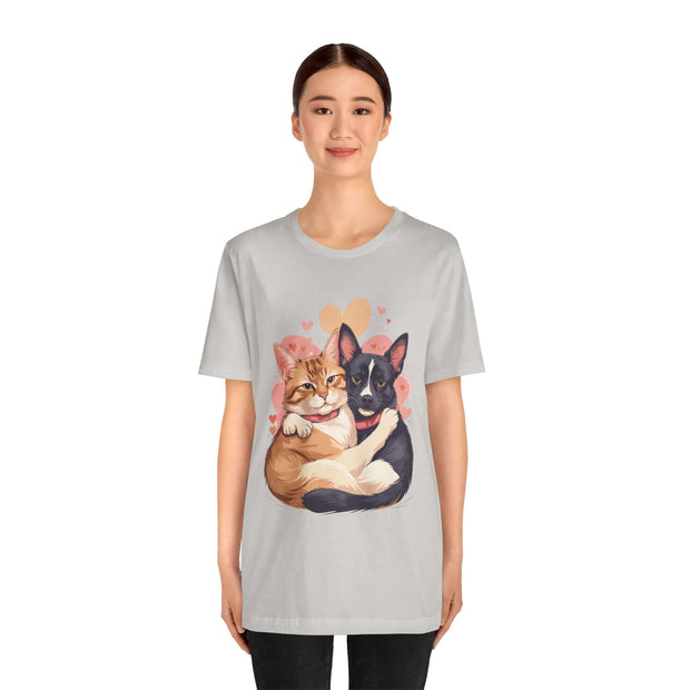 Cute pet lovers tee featuring a cat and dog illustration, perfect for animal enthusiasts and casual wear.