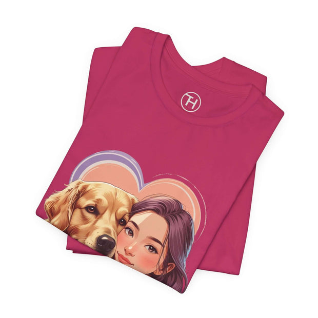 Heartwarming pink dog lover tee featuring a golden retriever and a girl, perfect for casual outings.