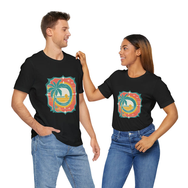 Retro Sunset Palm Tree Tee, Beach Vibes T-Shirt, Casual Summer Shirt, Perfect for Vacations, Gift for Beach Lovers