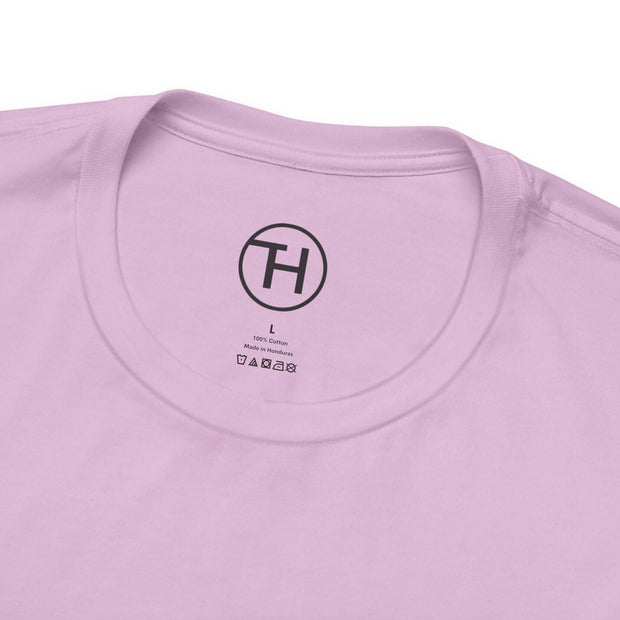 Close-up of the neckline of a pink Kid & Puppy Love T-Shirt made of 100% lightweight cotton.