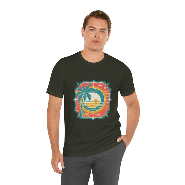 Retro Sunset Palm Tree Tee, Beach Vibes T-Shirt, Casual Summer Shirt, Perfect for Vacations, Gift for Beach Lovers