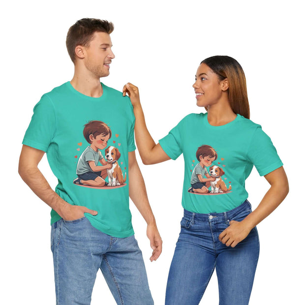 Couple wearing Kid & Puppy Love T-Shirts, featuring an adorable design of a boy playing with a puppy.
