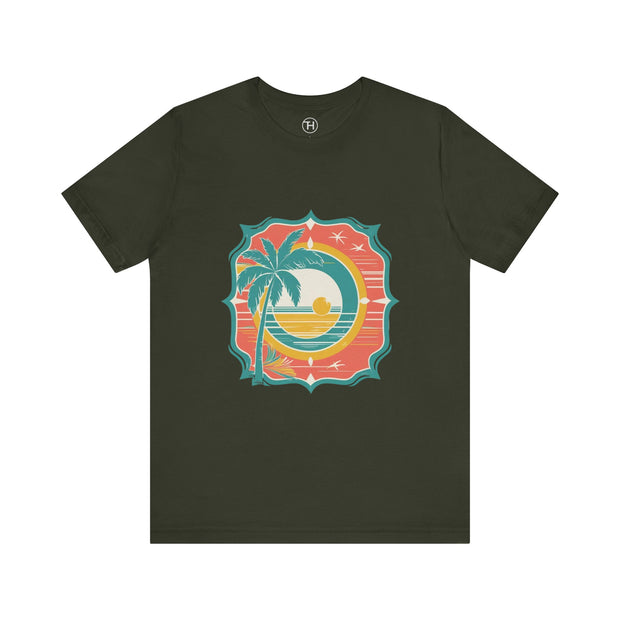 Retro Sunset Palm Tree Tee, Beach Vibes T-Shirt, Casual Summer Shirt, Perfect for Vacations, Gift for Beach Lovers