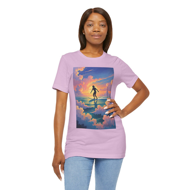 Surfing into the Sunset Tee, Surf Tee, Beach Vibes T-Shirt, Summer Apparel, Gift for Surfers, Adventure Wear