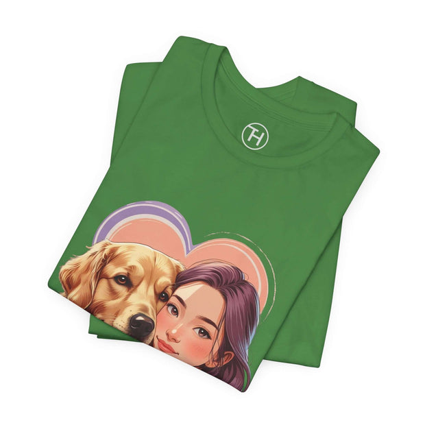 Heartwarming green dog lover tee featuring a girl and her golden retriever, perfect for pet parents and casual wear.