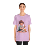 Kid & puppy love t-shirt featuring a child and dog design, perfect for dog lovers and casual wear.