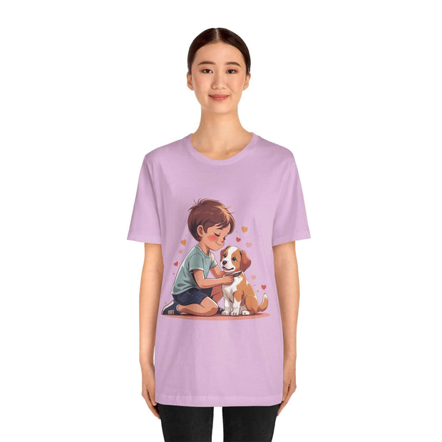 Kid & puppy love t-shirt featuring a child and dog design, perfect for dog lovers and casual wear.