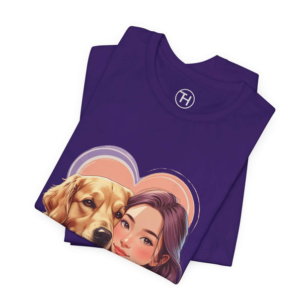 Heartwarming dog lover tee featuring a golden retriever and a happy woman, perfect for casual outings.