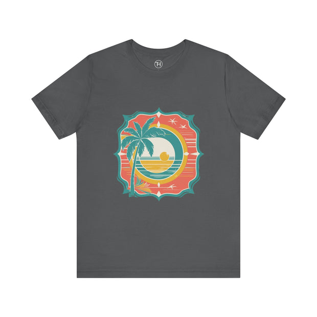 Retro Sunset Palm Tree Tee, Beach Vibes T-Shirt, Casual Summer Shirt, Perfect for Vacations, Gift for Beach Lovers