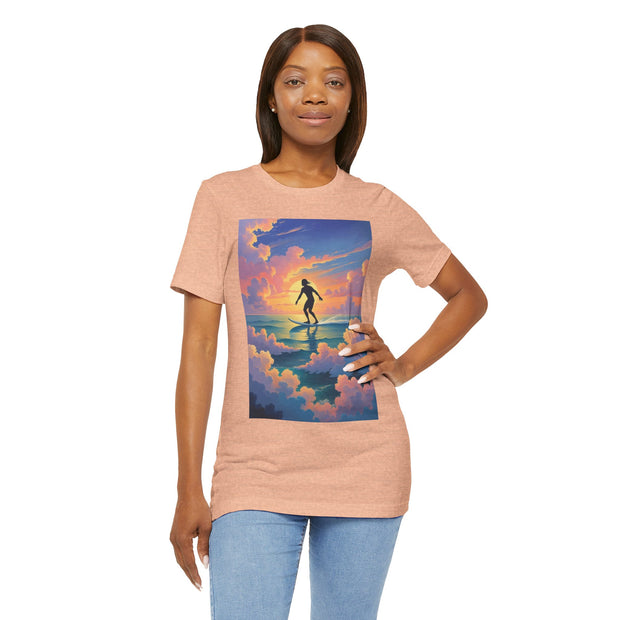 Surfing into the Sunset Tee, Surf Tee, Beach Vibes T-Shirt, Summer Apparel, Gift for Surfers, Adventure Wear