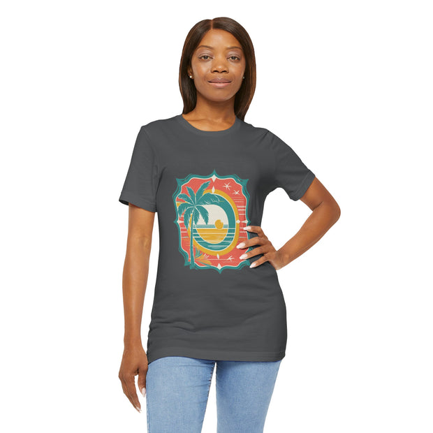 Retro Sunset Palm Tree Tee, Beach Vibes T-Shirt, Casual Summer Shirt, Perfect for Vacations, Gift for Beach Lovers