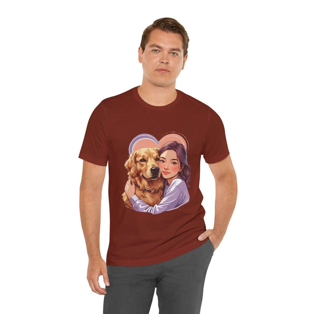 Heartwarming dog lover tee featuring a woman embracing a golden retriever, perfect for casual outings and cozy nights.