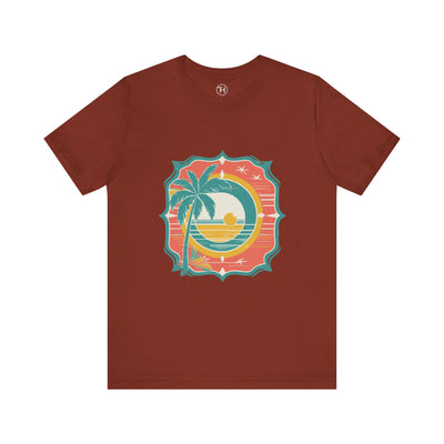 Retro Sunset Palm Tree Tee, Beach Vibes T-Shirt, Casual Summer Shirt, Perfect for Vacations, Gift for Beach Lovers - Hover View