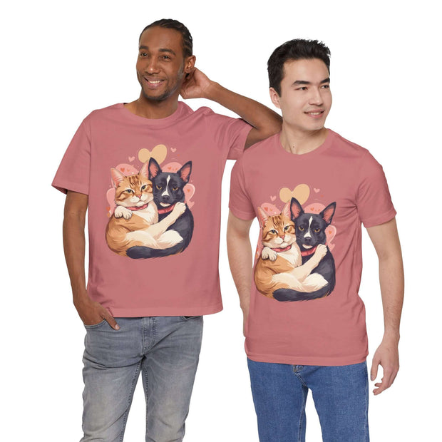 Two men wearing cute pet lovers tees featuring a dog and cat design, perfect for animal enthusiasts.