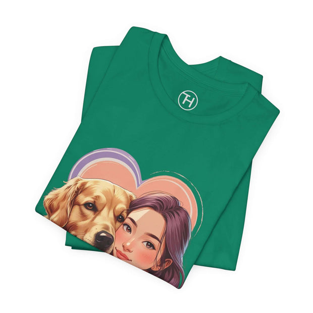 Heartwarming dog lover tee featuring art of a girl with her golden retriever, perfect for casual wear.