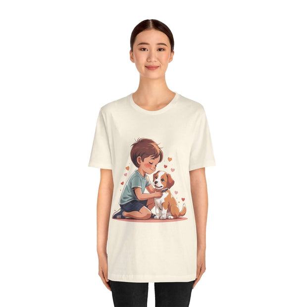 Kid and puppy love t-shirt featuring a boy hugging a dog amidst heart graphics, perfect for casual wear.
