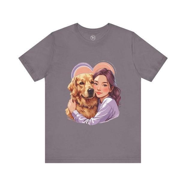 Heartwarming dog lover tee featuring a girl hugging a golden retriever with a cozy design.