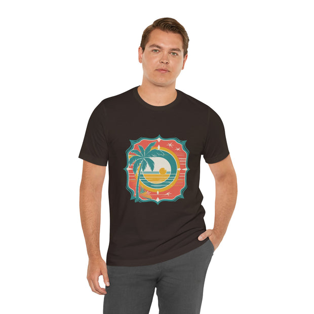 Retro Sunset Palm Tree Tee, Beach Vibes T-Shirt, Casual Summer Shirt, Perfect for Vacations, Gift for Beach Lovers