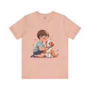 Kid & Puppy Love T-Shirt featuring a boy and puppy with hearts, perfect for dog lovers and casual wear.