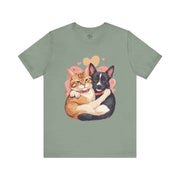 Cute pet lovers tee featuring an illustration of a cat and dog cuddling, perfect for animal enthusiasts.