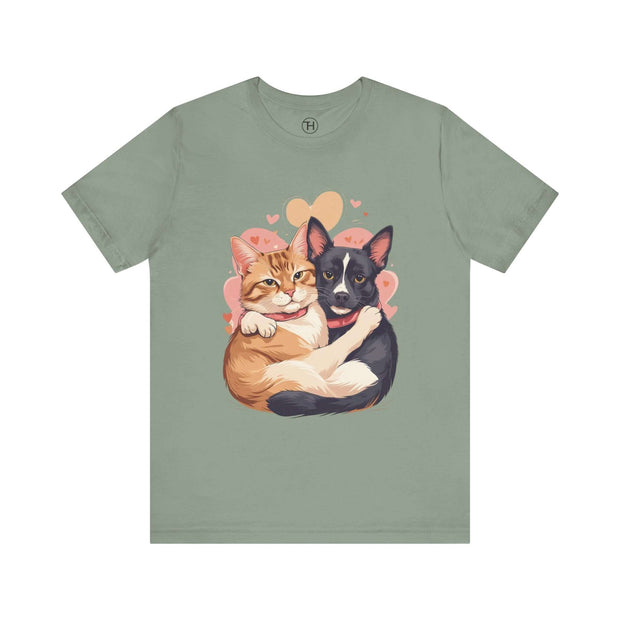 Cute pet lovers tee featuring an illustration of a cat and dog cuddling, perfect for animal enthusiasts.