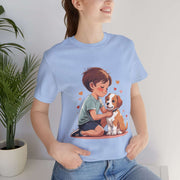 Kid & Puppy Love T-Shirt featuring a boy hugging a puppy with hearts on a light blue tee, perfect for dog lovers.