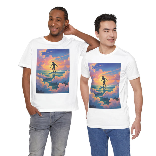 Surfing into the Sunset Tee, Surf Tee, Beach Vibes T-Shirt, Summer Apparel, Gift for Surfers, Adventure Wear