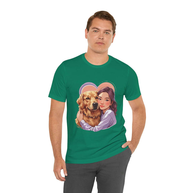 Unisex Heartwarming Dog Lover Tee featuring a girl hugging a golden retriever, perfect for pet parents.