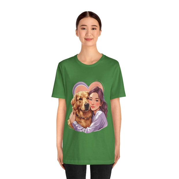 Heartwarming green dog lover tee featuring a woman hugging a golden retriever, ideal for casual wear.
