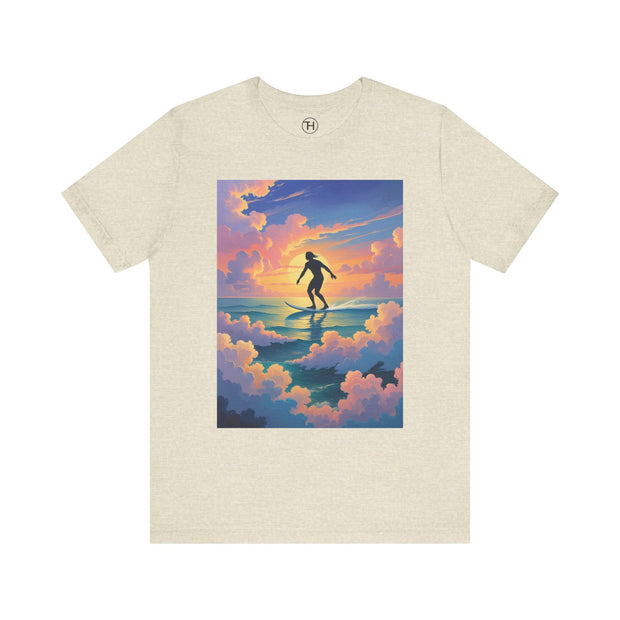 Surfing into the Sunset Tee, Surf Tee, Beach Vibes T-Shirt, Summer Apparel, Gift for Surfers, Adventure Wear
