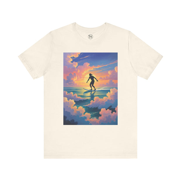 Surfing into the Sunset Tee, Surf Tee, Beach Vibes T-Shirt, Summer Apparel, Gift for Surfers, Adventure Wear