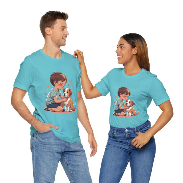 Couple wearing Kid & Puppy Love T-Shirts featuring an adorable dog and child design, perfect for casual wear.