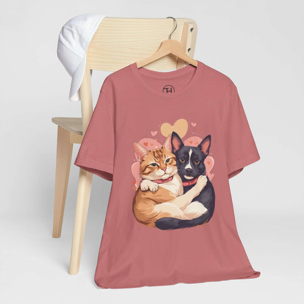 Pet Lovers Tee featuring a cute design of a cat and dog together, perfect for animal enthusiasts and casual wear.