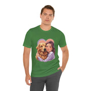 Unisex green tee featuring a woman and her golden retriever, perfect for dog lovers and casual wear.