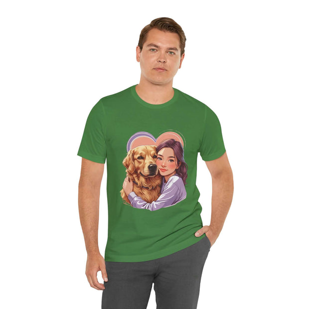 Unisex green tee featuring a woman and her golden retriever, perfect for dog lovers and casual wear.