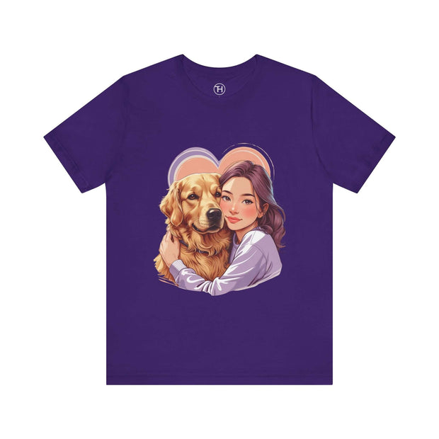 Heartwarming purple dog lover tee featuring a girl hugging a golden retriever, perfect for pet parents.